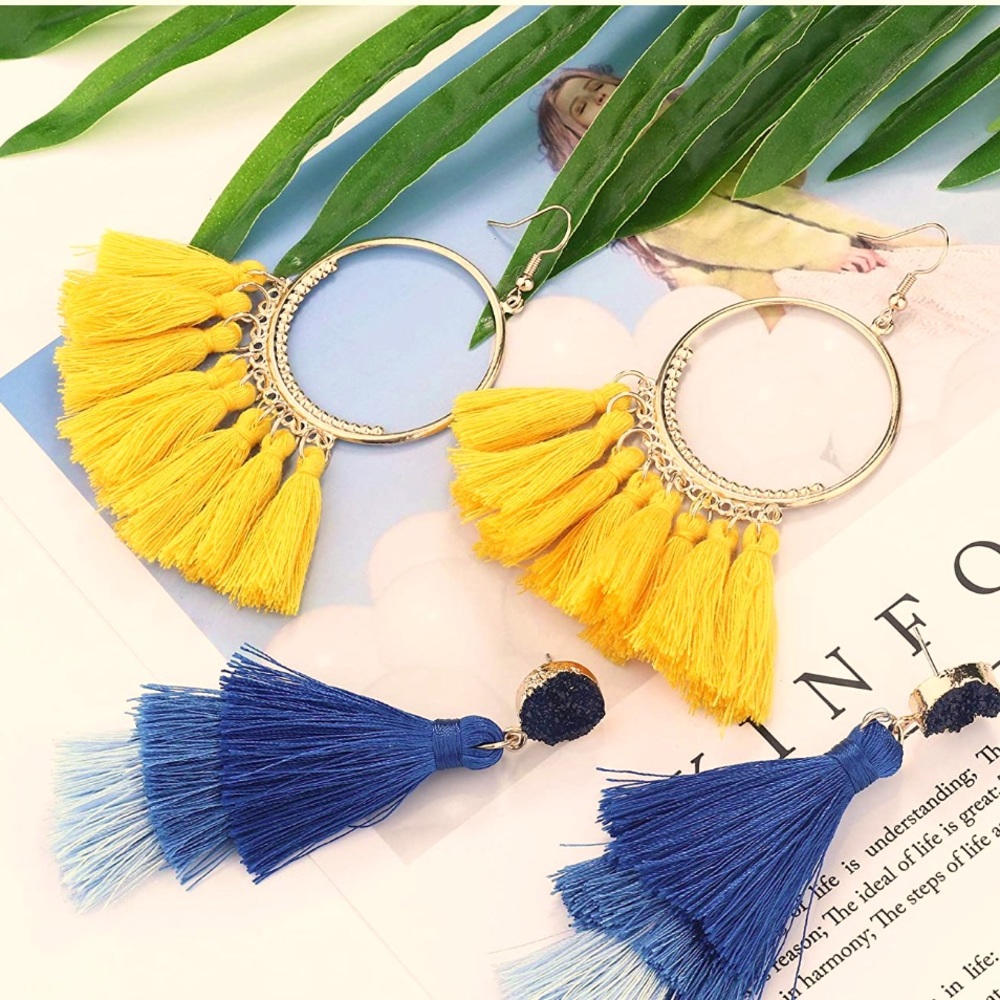 Yellow tassel hoops